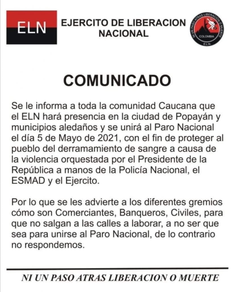 Cruce de mensajes del ELN, Aguilas Negras, FARC y AUPM sobre el Paro  Nacional, preocupan a las autoridades - ifm noticias