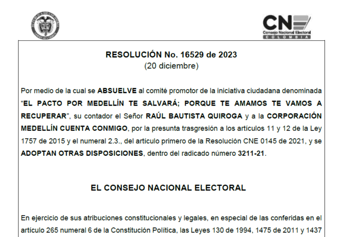 (DOCUMENTOS IFMN) Esta es la resolución que absolvió a los promotores de la revocatoria en Medellín