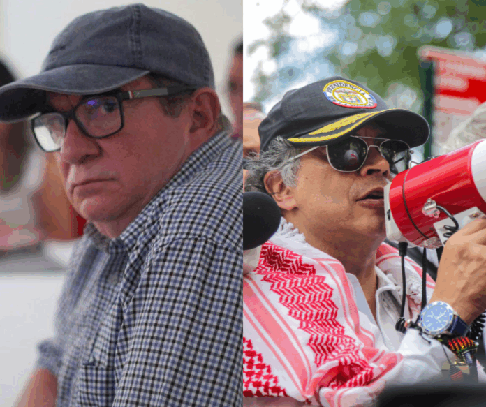 En la imagen Rodrigo Londoño, y Gustavo Petro. Foto: sacada de x @TimoComunes y Prensa Presidencial.